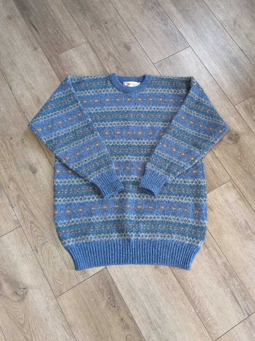 MACKINNON OF SCOTLAND Pure New Wool Grandpa Sweater Crew Neck Blue Geometric L